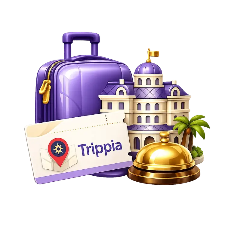 Trippia travel artwork with a purple suitcase, a hotel and a golden reception bell.