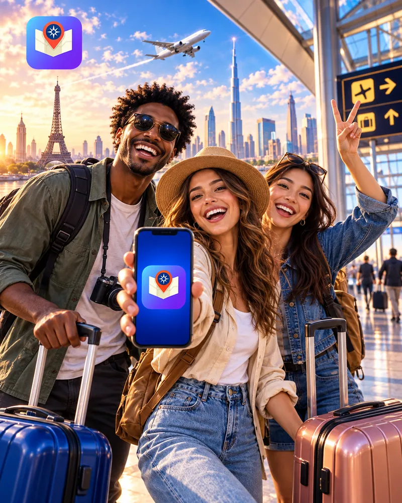 Travel artwork of friends at an airport with Trippia on a phone.
