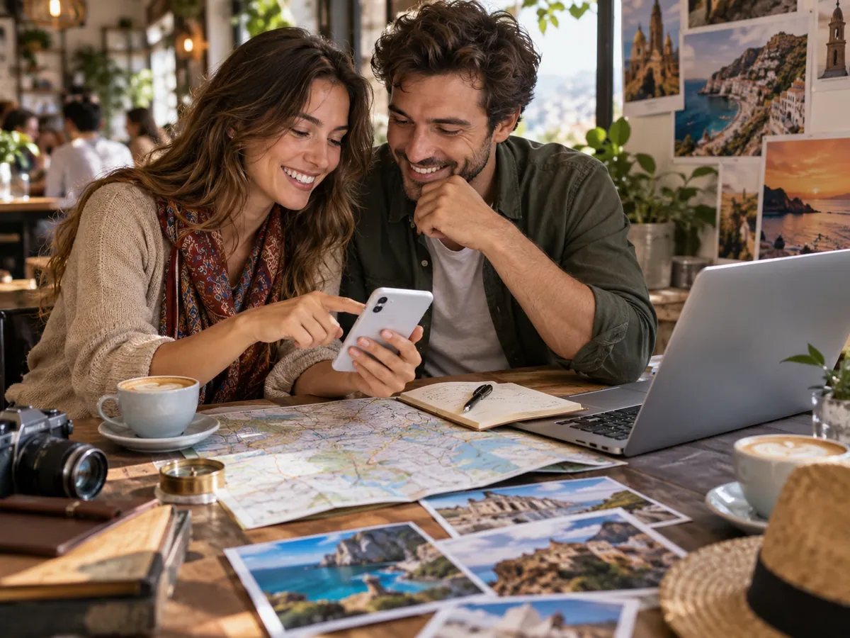 Travel artwork of a couple planning a journey together at a café.