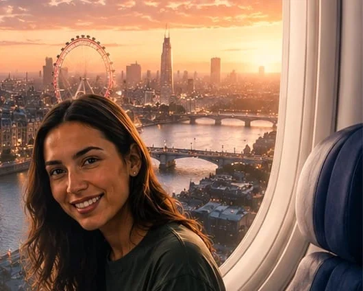 Travel artwork of a smiling woman beside a window overlooking London at sunset.