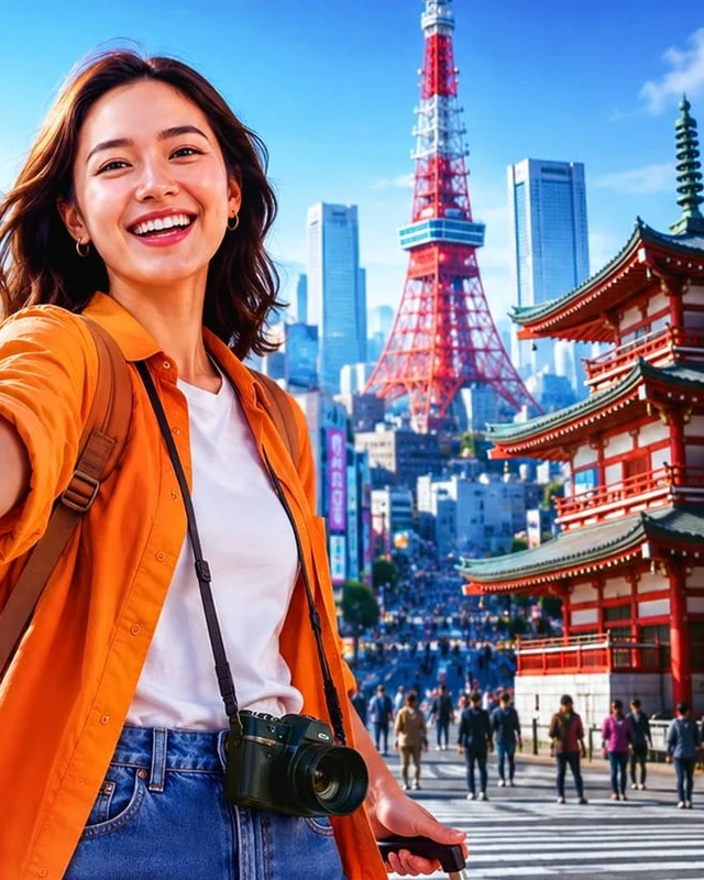 Travel artwork of a woman with a camera among Tokyo landmarks.