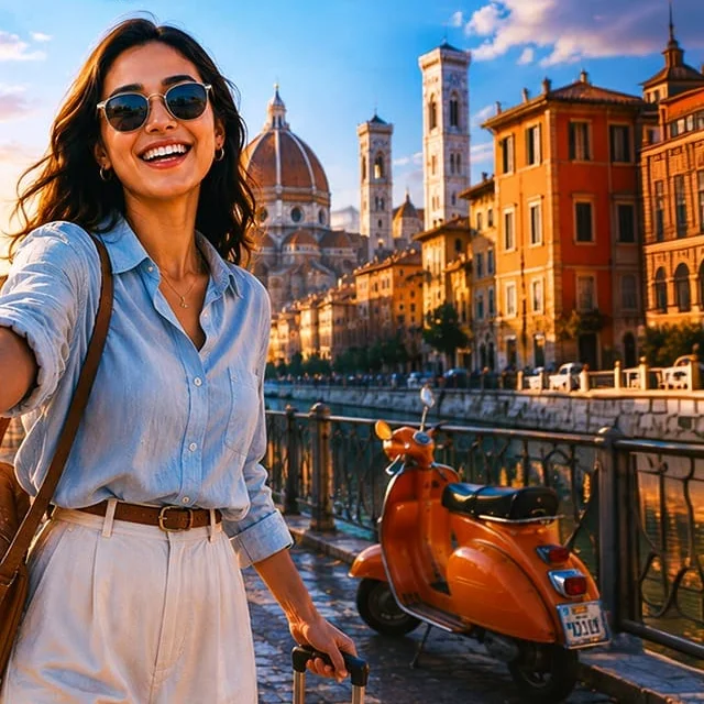 Travel artwork of a woman beside Italian architecture and an orange scooter.