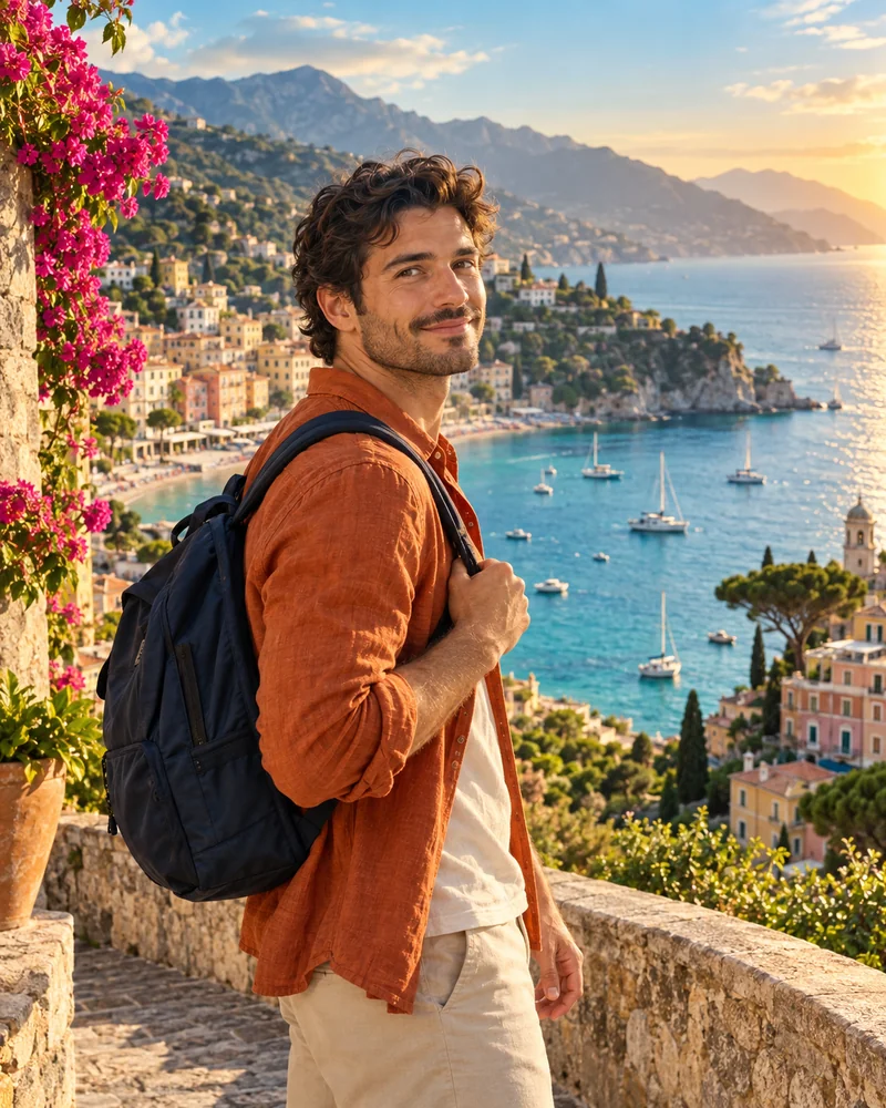Travel artwork of a man in an orange shirt with a backpack overlooking a Mediterranean coastal village.