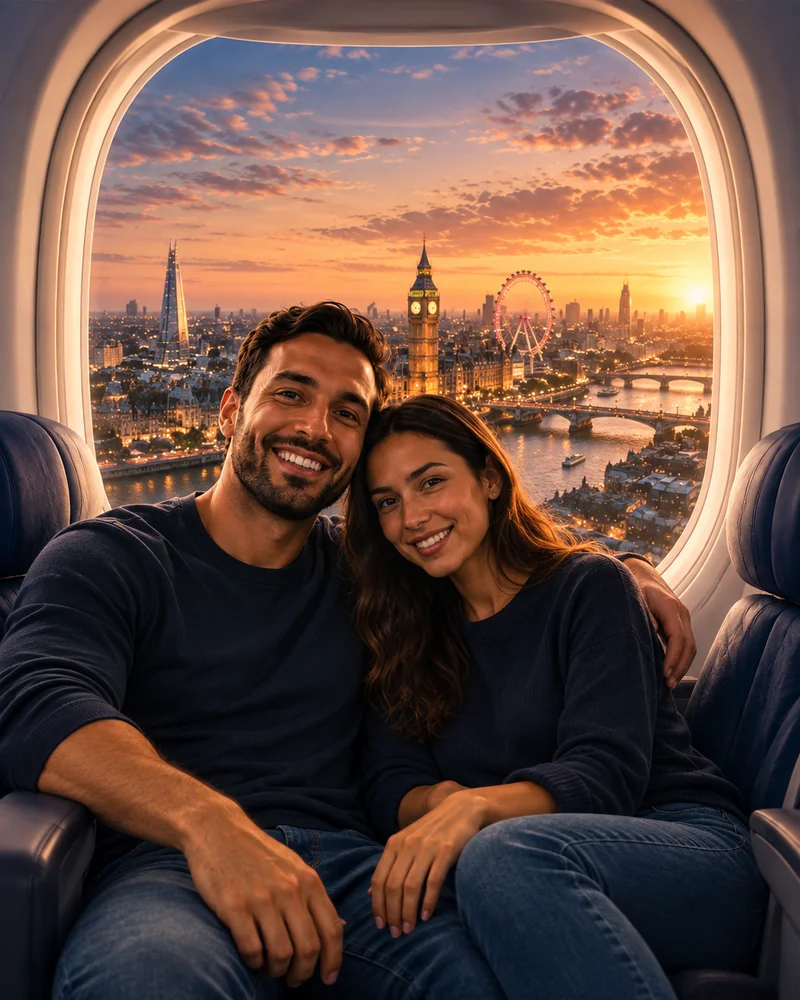 Travel artwork of a romantic couple beside an airplane window overlooking London at sunset.