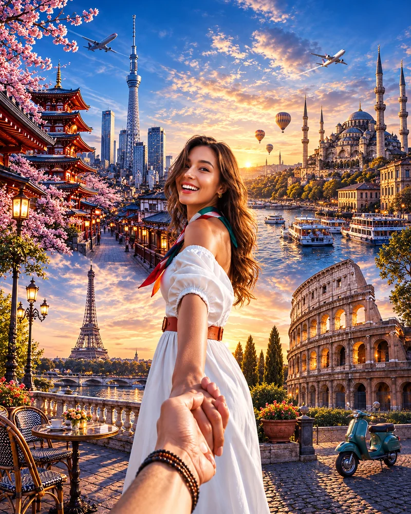 Travel artwork of a woman holding a companion’s hand among landmarks from around the world.
